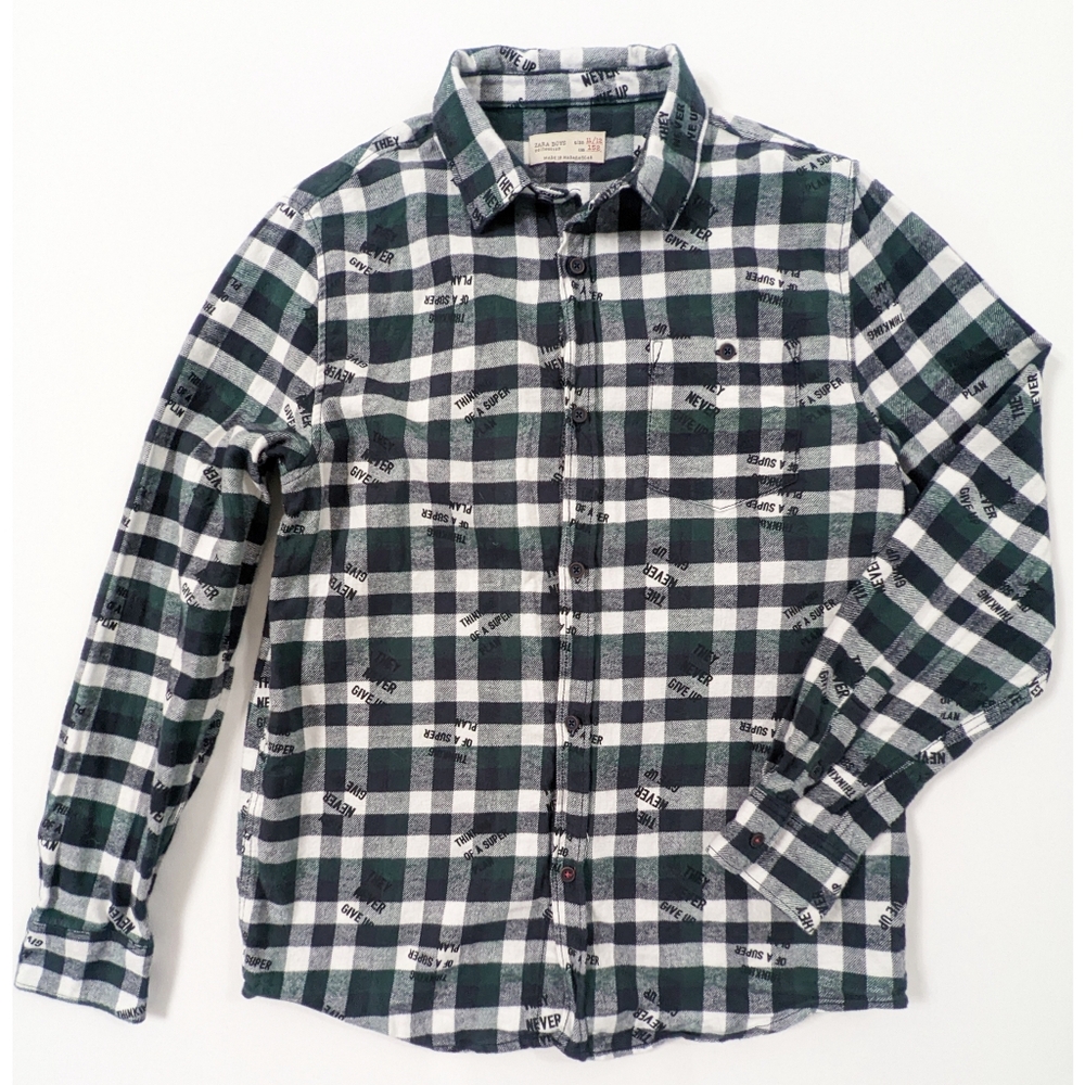 ZARA Long Sleeve Checked Button Up Shirt with Slogans Boy's Size 11-12 Years